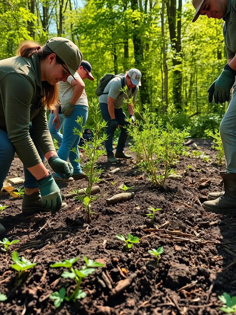 A photograph showing club members actively involved in a habitat restoration project, planting trees and clearing debris to improve the local ecosystem.