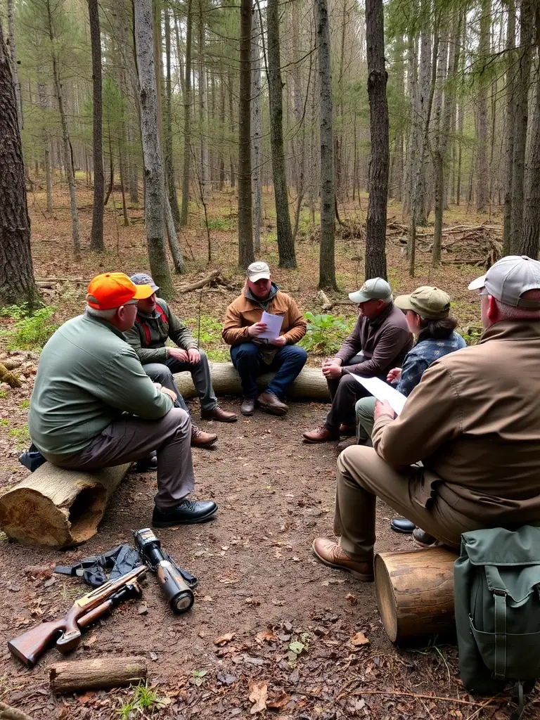 A picture of a group of hunters participating in a workshop on responsible hunting practices, emphasizing ethical considerations and conservation efforts.