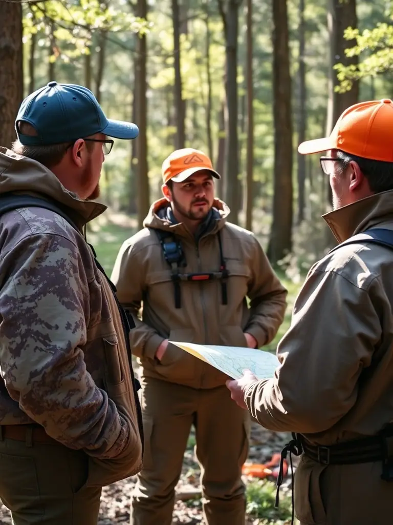 A photograph capturing a group of hunters, clad in appropriate hunting attire, receiving instructions from a guide in a dense, wooded area, emphasizing the educational aspect of the guided hunting program.